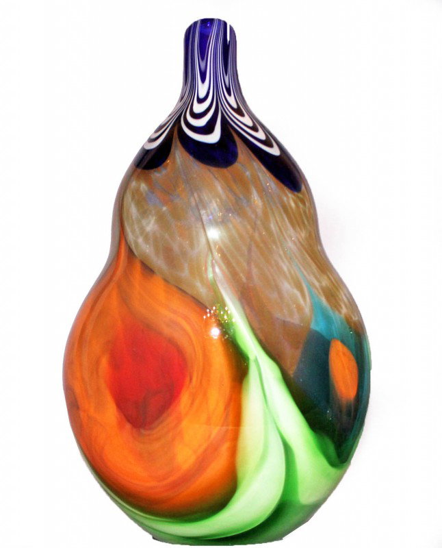 Monumental Multi-colored Murano Vase: Monumental Murano vase. It is a heavy glass pear-shaped vase. It is very striking with large areas of blue, orange, red, aqua, brown, green and yellow. It has large splashes of color. DIMENSIONS: Leng