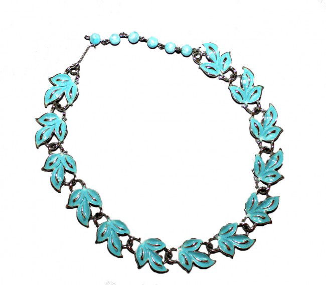 Blue Enamel Leaf Neclace by Coro: This is a Robin's Egg Blue enameled Leaf costume jewelry necklace made by Coro.