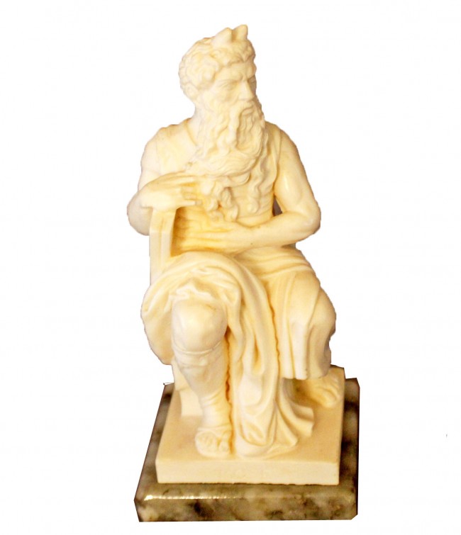Moses NeoClassical Statuette by Santini: This is Statuette of Michaelangelo's famouse Mose statue made of composite marble by Santini DIMENSIONS: Length: 3 inches Width: 3 inches Height: 6.75 inches