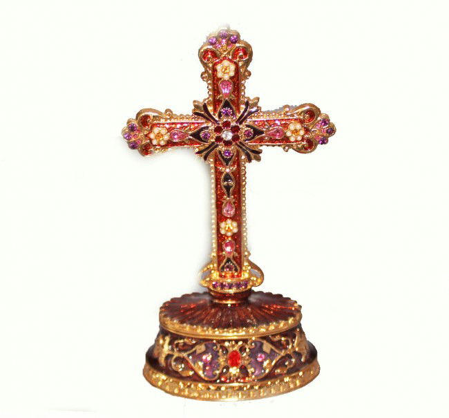 Fitz & Floyd Cross: This is a Fitz & Floyd rhinestone and seed pearl embellished cross with enameling. The base opens to a small enameled compartment. It is held shut with magnets. The original box is numbered 34/201 ind