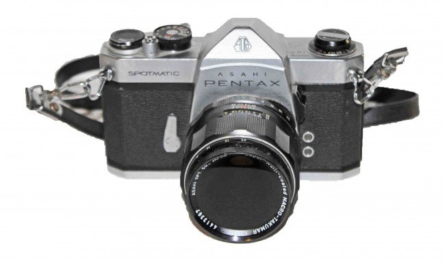 Asahi Pentax Camera Body and 2 Takumar lenses: Asahi Pentax Spotmatic camera body and Takumar 1"1.14/50 lens and Takumar Super Multi-coated Macro 1:4/50 lens