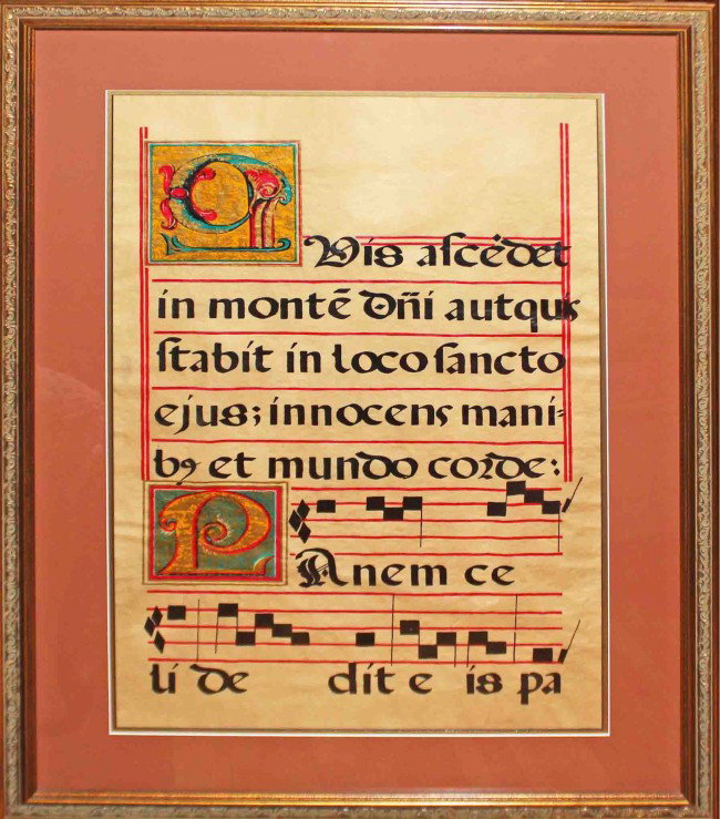 Latin Music Monograph on Vellum: Magnificent professionally framed latin music monograph on vellum. DIMENSIONS: Length: 37.5 inches Width: 26.25 inches