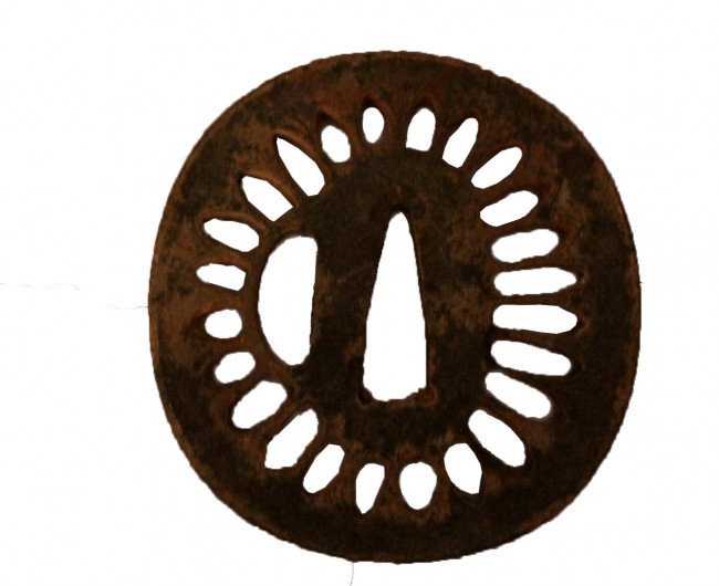 Japanese Iron Sukashi Sword Guard (Tsuba): Iron Sukashi Katana sword guard (Tsuba). Attributed to the Edo Period. DIMENSIONS: Length: 2 13/16 inches Width: 2 11/16 inches Weight: 2.25 oz.