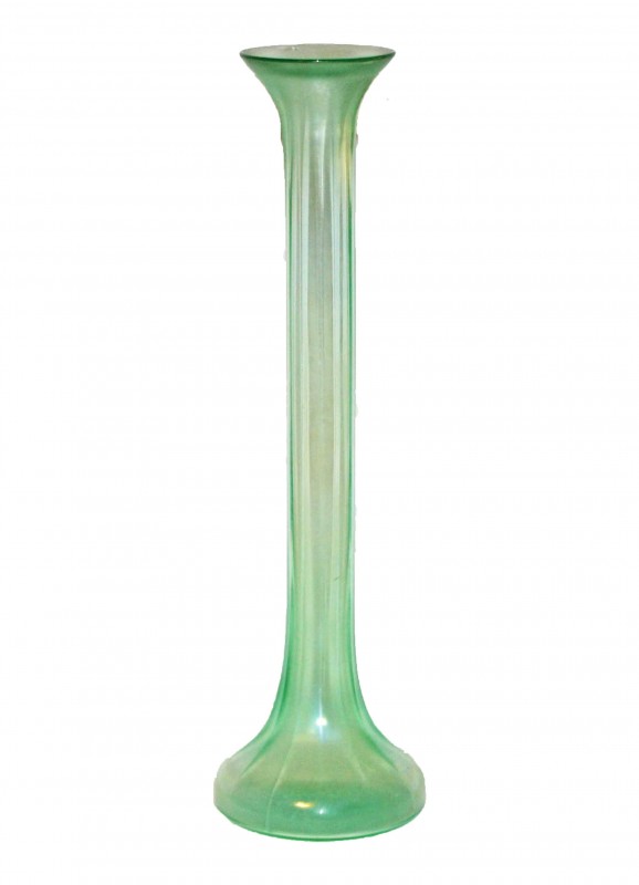 Green Lustre Bud Vase: This is a tall bud vase of green lustreware. It is very graceful and has a lovely sheen. Dimensions: Top Diameter: 2 3/8 inches Bottom Diameter: 3.25 inches Height: 12 inches