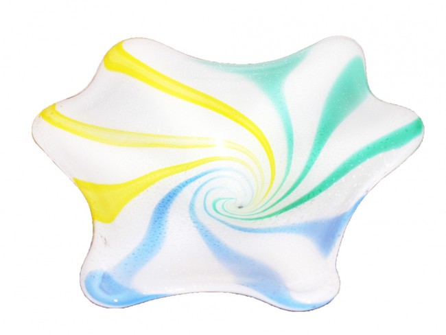 White Multi-Colored Candy Striped Murano Dish: This is a Vintage Mid-Century White Freeform Murano Art Glass Dish with Yellow, Green, & Blue Swirls. Attribted to Archemede Seguso. DIMENSIONS: Height: 3" in. Width: 10 7/8" in. Weight: 3 lb.