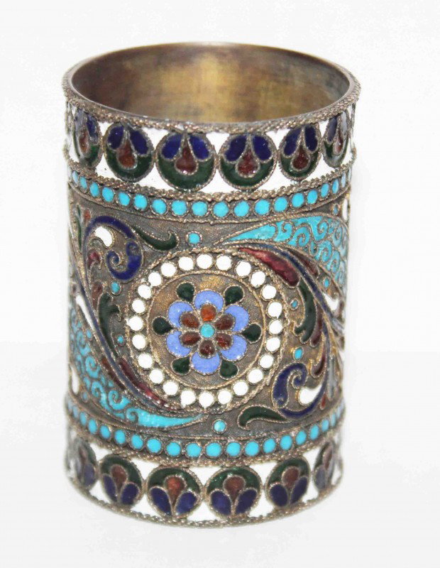Silver Russian Enamel Cup: Russian Silver Marked Enamel Cup. Height: 2 3/8" Diameter: 1 5/8"