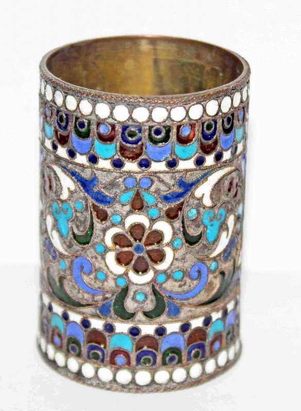 Silver Russian Enamel Cup: Silver Marked Russian Enamel Cup. Height: 2 3/8" Diameter: 1 5/8"
