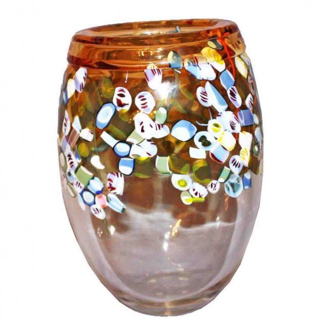 Monumental Pino Signoretto Multi-colored Vase: This is a monumental Murano Vase by Master Glassblower Pino Signoretto. It has an applied rim of gold glass(not adventurine). The gold extends down into one-third of the base of the vase and forms the