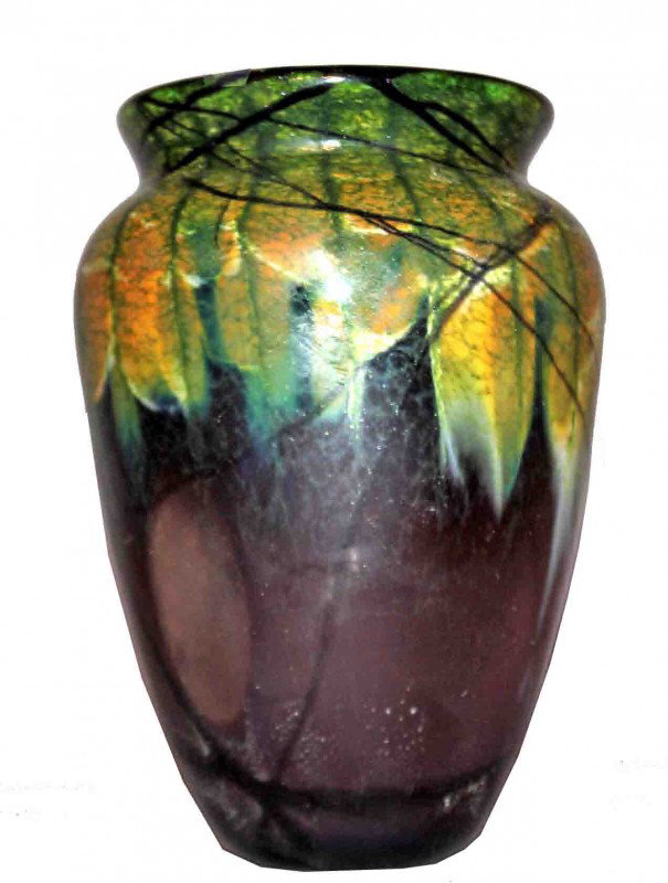 Art Glass Vase: Blown vase with brown and green around the rim and crown with a translucent clear background. Very pretty when it is in the light. Signed "Bally 97" on the base. DIMENSIONS: Diameter: 4 inches Height: