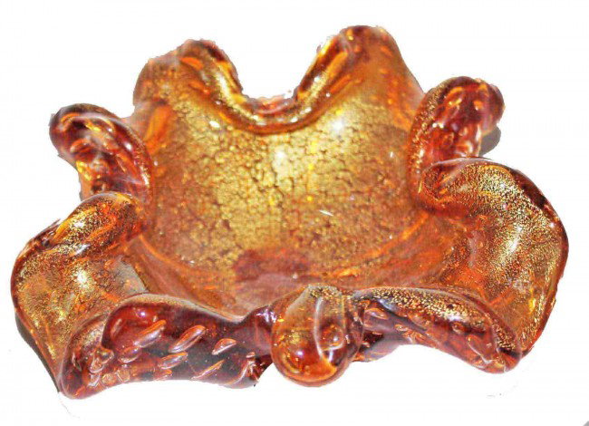 Seguso Floraform Dish with Gold Dust and Bubbles: This is a Vintage Mid-Century Amber colored Floraform Dish w/ Gold Dust & Controlled Bubbles. Attribted to Archemede Seguso. DIMENSIONS: Height: 2 1/2 in. Width: 7 in. Weight: 1 lb. 14 oz.