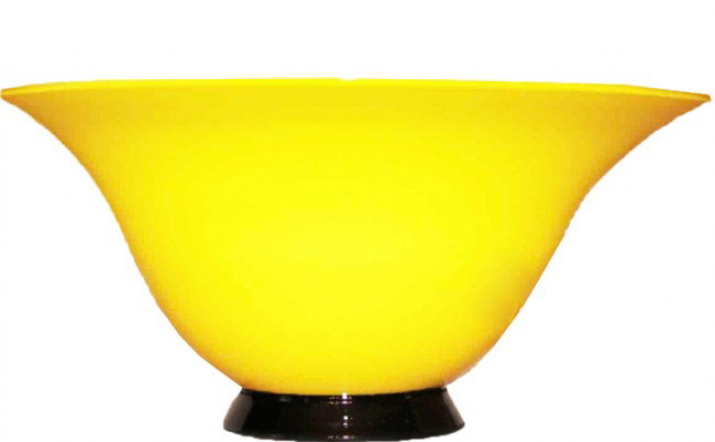 Venini Yellow Flared Centerpiece Bowl: This flared yellow Opalini Opachi centerpiece bowl is attributed to Tomasso Buzzi. It has a black base and was designed in 1932. It has a label and is signed Venini and 2001. DIMENSIONS: Diameter: 10 