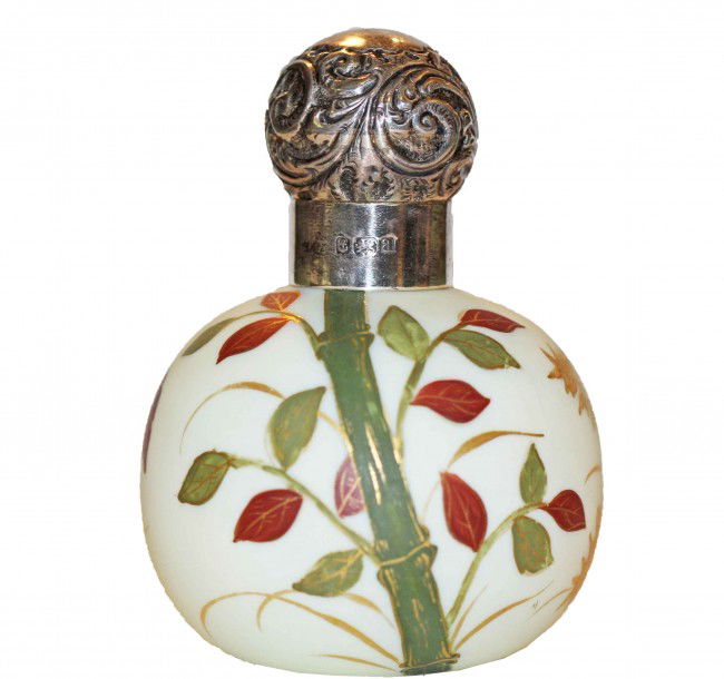 Thomas Webb Satin Perfume: Beautiful Thomas Webb perfume. It has a painted design of bamboo and leaves on one side and fern leaves on the other. The cap is silver and is marked for the Birmingham assay office from 1900. This is