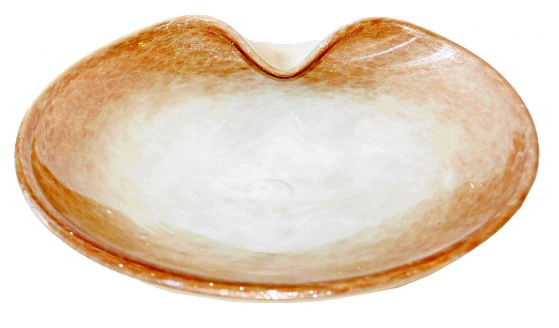 Barbini "Gold Dust" Plate: Large Murano Barbini "Gold Dust" plate. It is opaline with a wide band of heavy copper adventurine flecks around the outer edges and lighter flecks over the entire body of the plate. It is pinched on