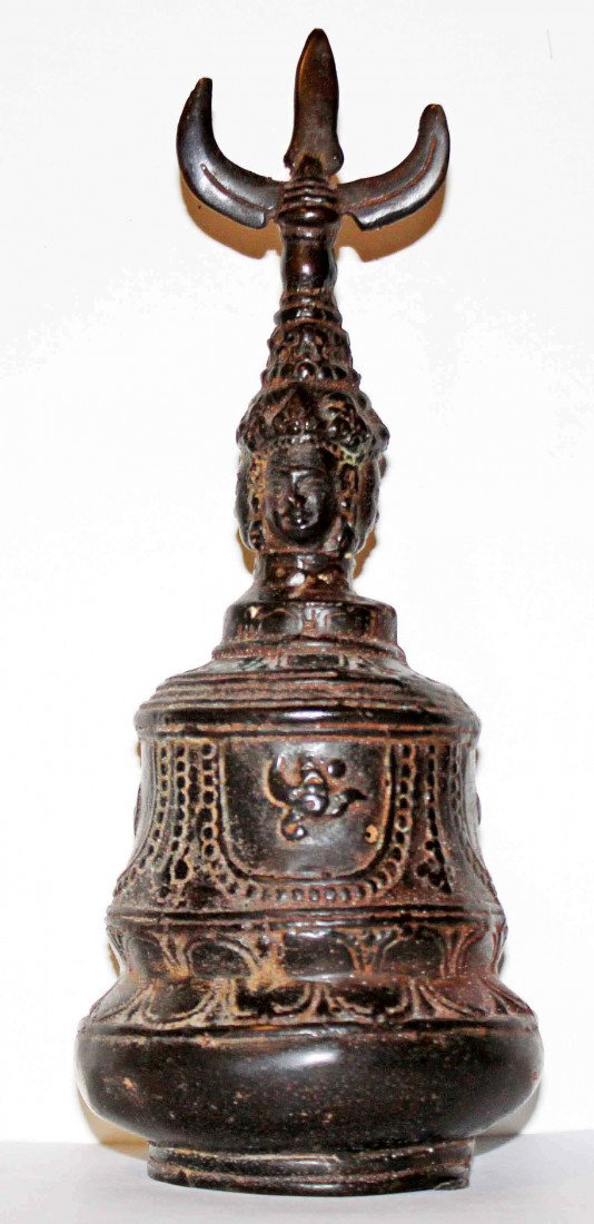 Bronze Tibetan Buddhist Prayer Bell: This is a beautifully patinated Bronze Buddhist ritual prayer bell with Vajra form handle. DIMENSIONS: Diameter at widest: 4 inches Bottom opening diameter: 2.75 inches Height: 10 inches Weight: 1 lb.