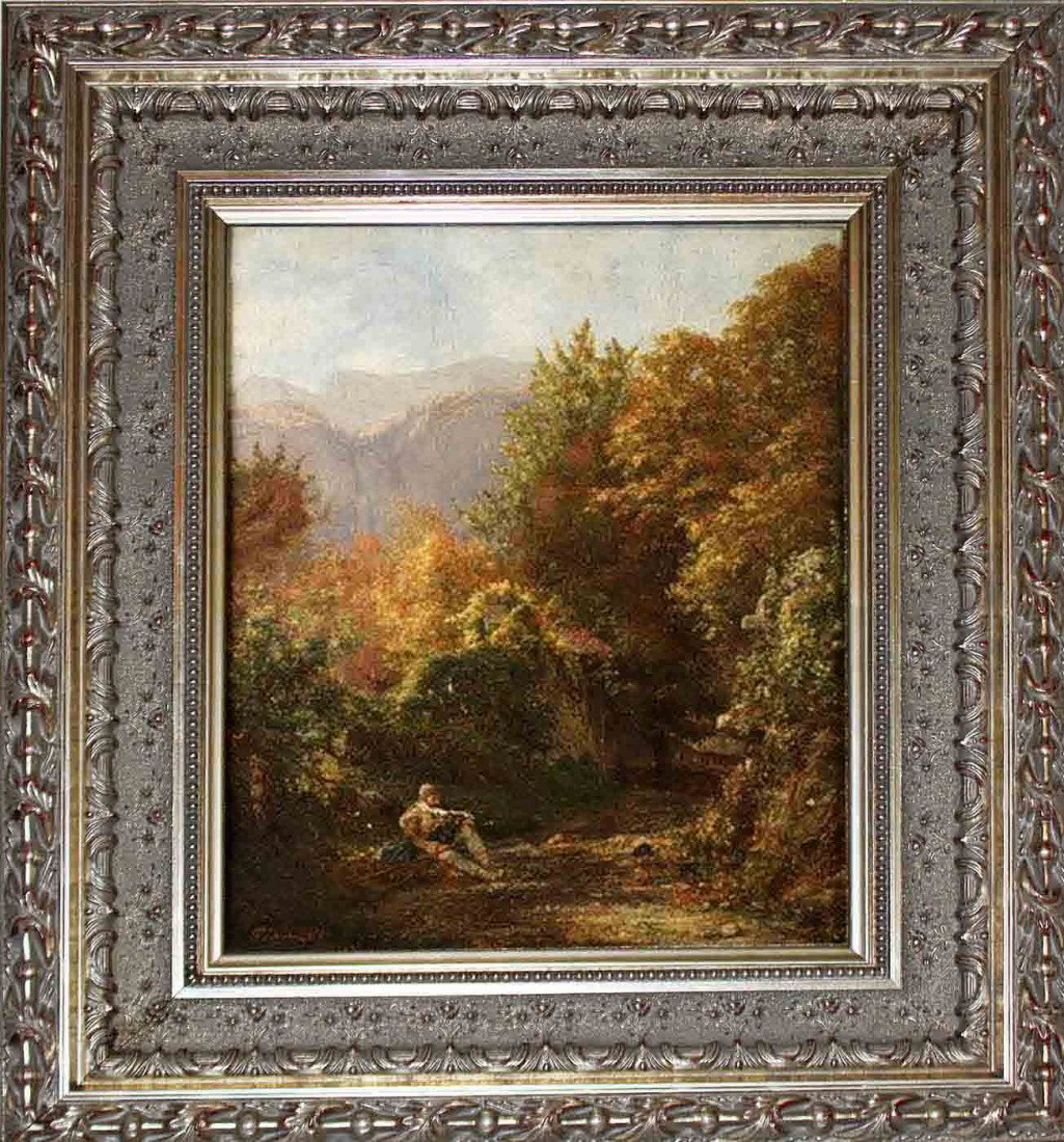 19th Century Austrian Oil Painting--Steinfeld: Traveler resting roadside on woodland path by Franz Steinfeld (Austrian, 1787-1868), signed and dated 1858, Has new professional framing for conservation. Dimensions: 15 3/4" x 12 3/4", OS: 24 1/2" x 
