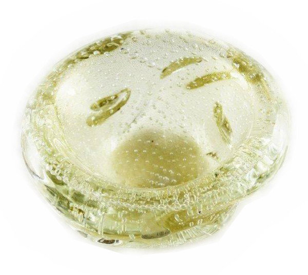 Seguso Clear Dish with Gold Dust and Bubbles: This is a Vintage Mid-Century Murano Art Glass "Freeform' Clear Dish with Controlled Bubbles and Dusted with Gold. Attributed to ARCHIMEDE SEGUSO. DIMENSIONS: Height: 1 7/8 in. Width: 4 1/2 in. Weight