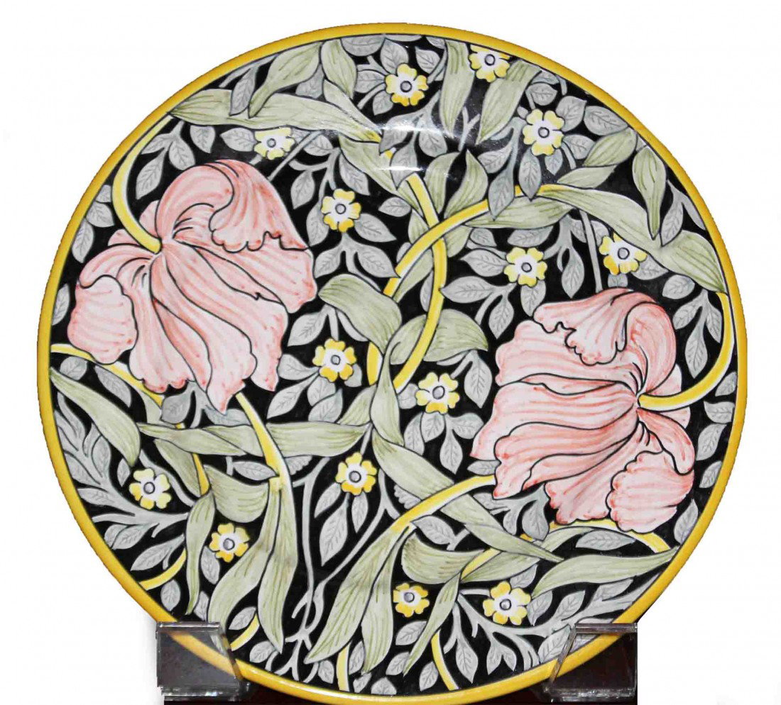Deruta William Morris Plates--set of 4: This is a set of 4 plates with a beautiful William Morris pattern on the front. It is an arts and crafts pattern with pink flower and leaves of green. The background is a blue/grey. Each plate is mark