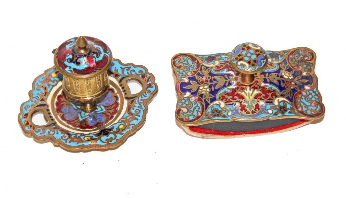 Champleve Inkwell & Blotter: This is a French Champleve Inkwell and Blotter. Both pieces are of enameled brass with intricate designs of turquoise, blue, white and rust. Inkwell Dimensions: Length: 3 3/8 inches Width: 3 inches He