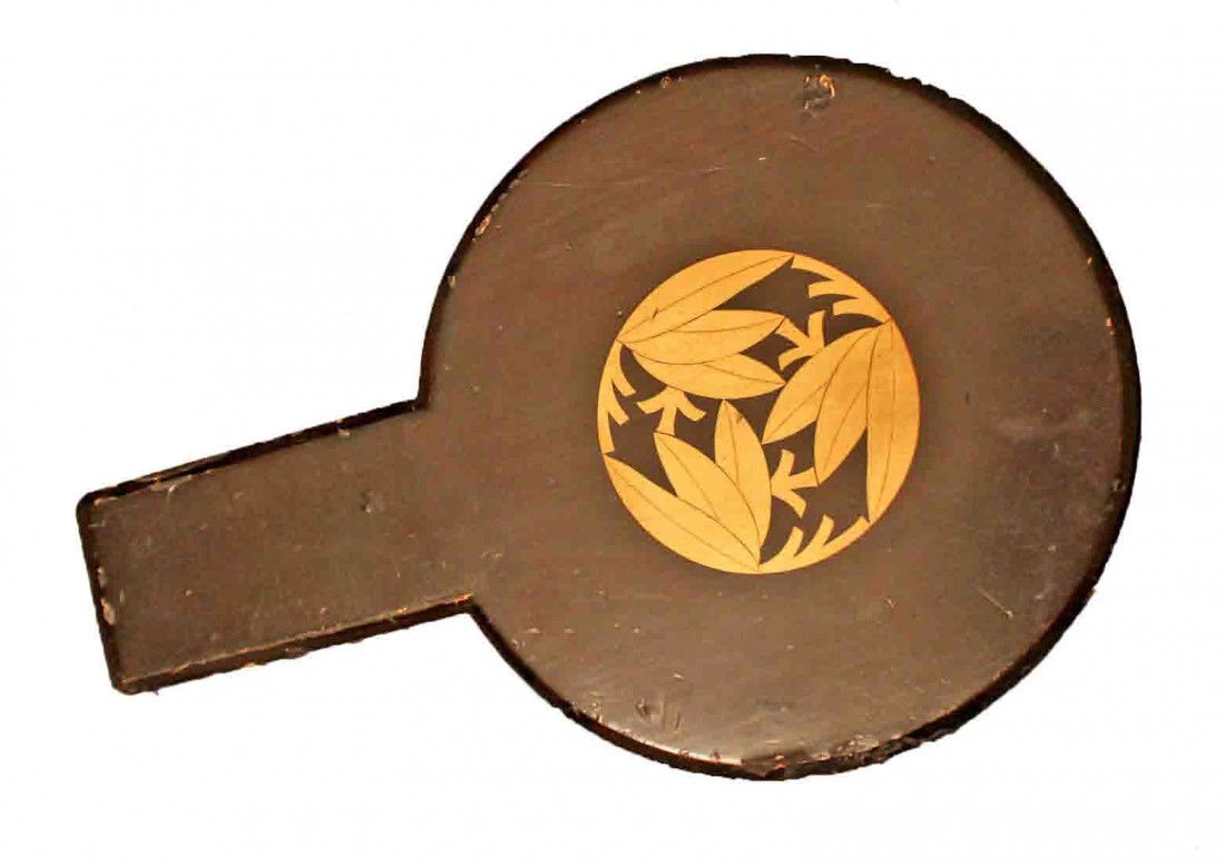 EDO Japanese Bronze Mirror: This is a signed Edo Period Bronze Japanese Mirror. It has beautiful raised relief 3 cranes in flight, plum blossoms, banboo leaves, ocean waves and Japanese characters on the back with a Bamboo wrap