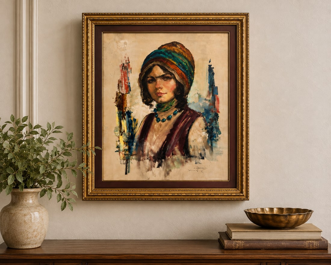 Mid-Century Portrait of a Woman, Oil on Canvas, Signed S. Peary: This mid-20th century oil on canvas portrait depicts a woman adorned in a colorful turban and an impressive turquoise-colored bead necklace. The artist uses thick, impasto brushstrokes, especially vis