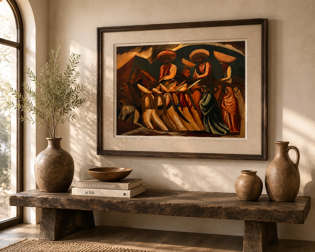 After Jose Clemente Orozco, Mexican Revolution Mural Study, Oil on Board: An oil on board painting, after Jos? Clemente Orozco, depicting a scene reminiscent of his Mexican Revolution murals. The artwork features figures in traditional attire, some on horseback, with dramat