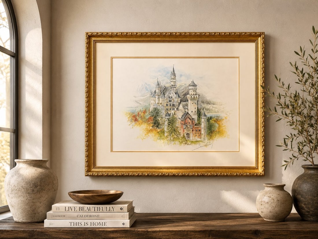 Benedetto Co. Neuschwanstein Castle Watercolor Painting: A charming watercolor painting depicting the Neuschwanstein Castle in Bavaria, Germany, signed "Benedetto Co.". The painting is framed under glass with a gold-toned ornate frame and a cream mat. The a