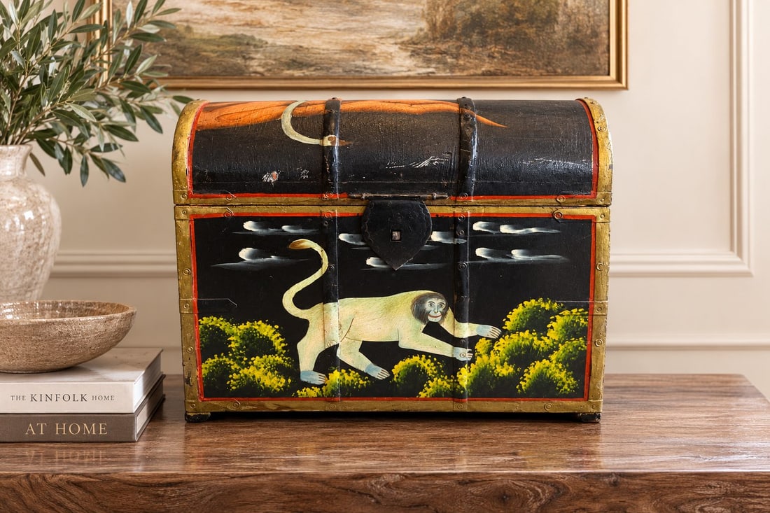 Hand-Painted Indian Wood Chest with Monkey Motif: This hand-painted wooden chest features a charming monkey motif on all sides and the lid, depicted in various playful poses amidst foliage and trees. The chest has a black background with vibrant folk