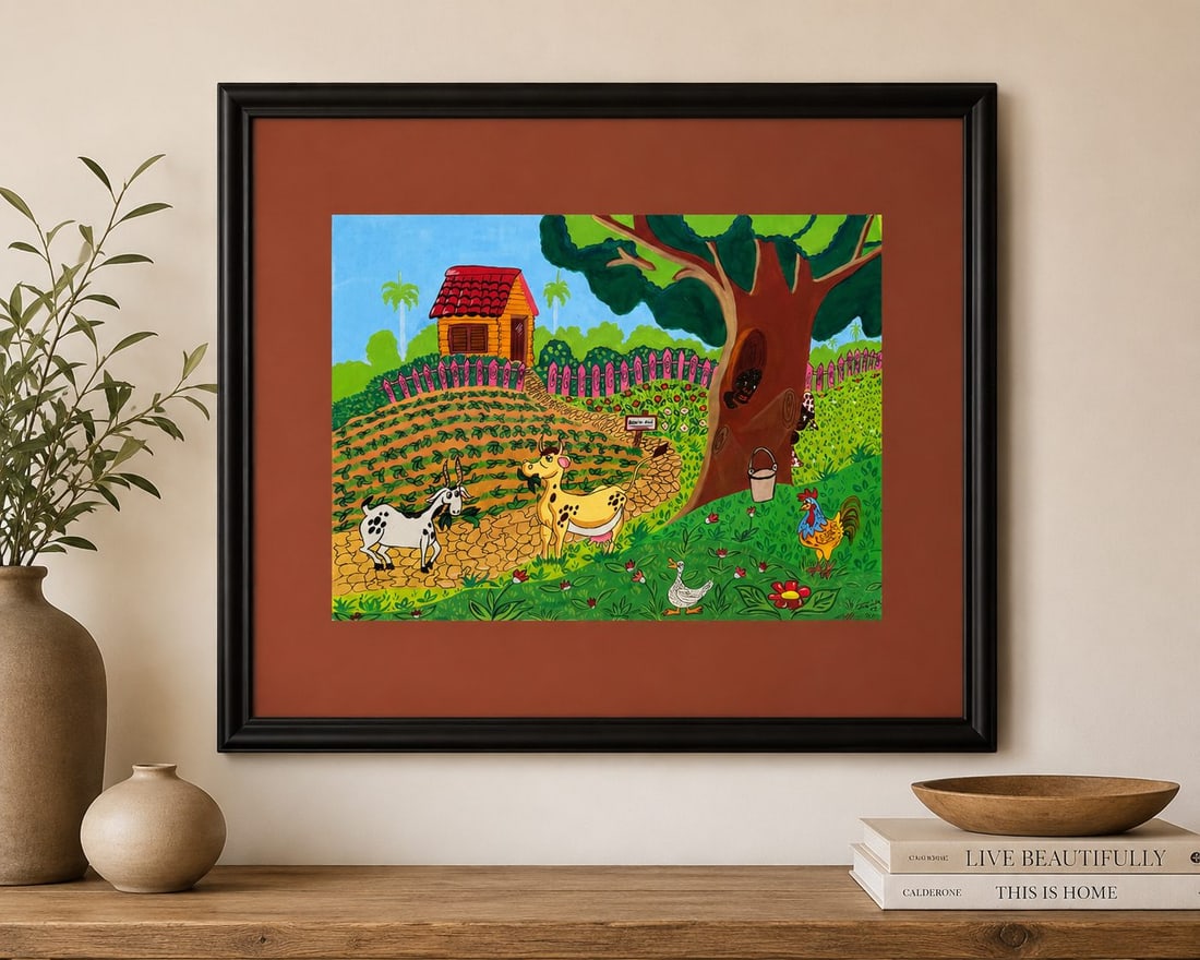 Priscila (b. 2003) Folk Art Painting, Life on the Farm: An framed folk art painting by Priscila, dated 2003, titled "Life on the Farm." This colorful and whimsical piece depicts a vibrant farm scene with a small house, lush greenery, farm animals, and figu