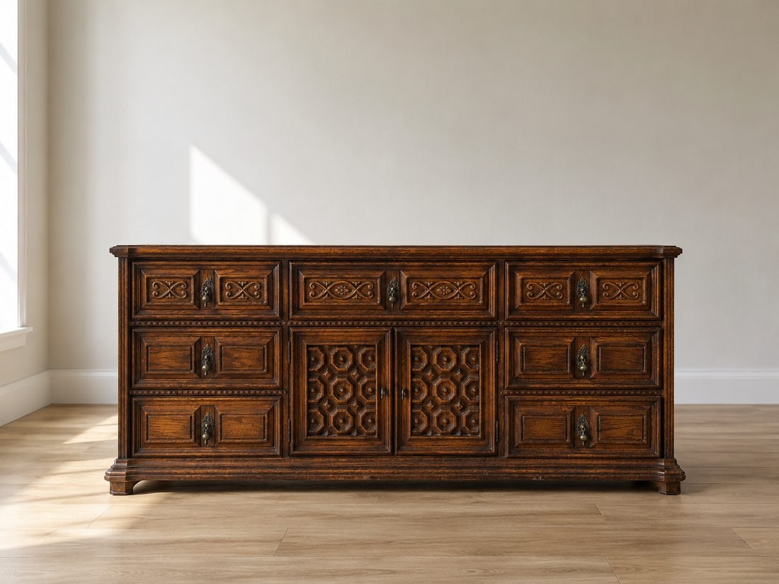 American of Martinsville Spanish Baroque Style Dresser: A Spanish Baroque style dresser by American of Martinsville, crafted from warm-toned wood. The dresser features a rectangular top, over a facade with two central cabinet doors adorned with carved geom