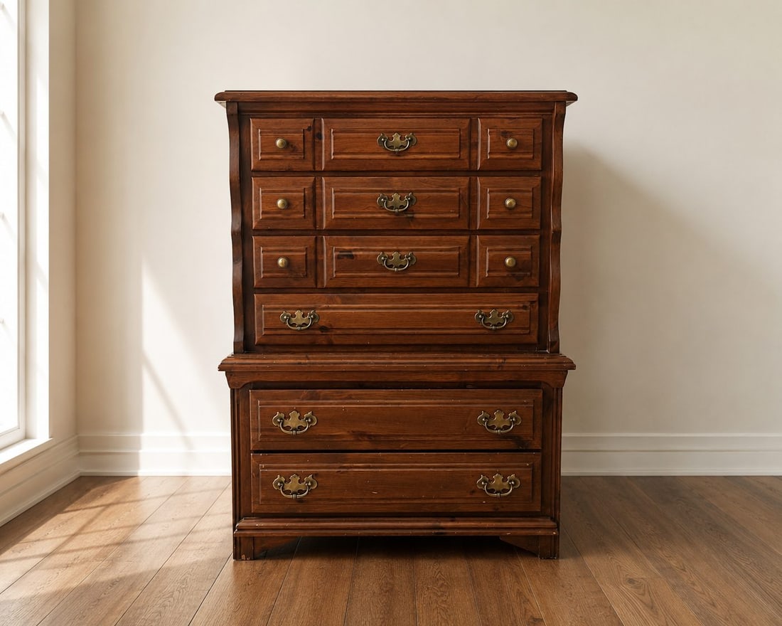 Young-Hinkle Plymouth Pine Chest of Drawers: A vintage Young-Hinkle "Plymouth Pine" chest of drawers, crafted from solid pine with a warm, distressed finish. The chest features a stepped-back top section with three rows of varying sized drawers,