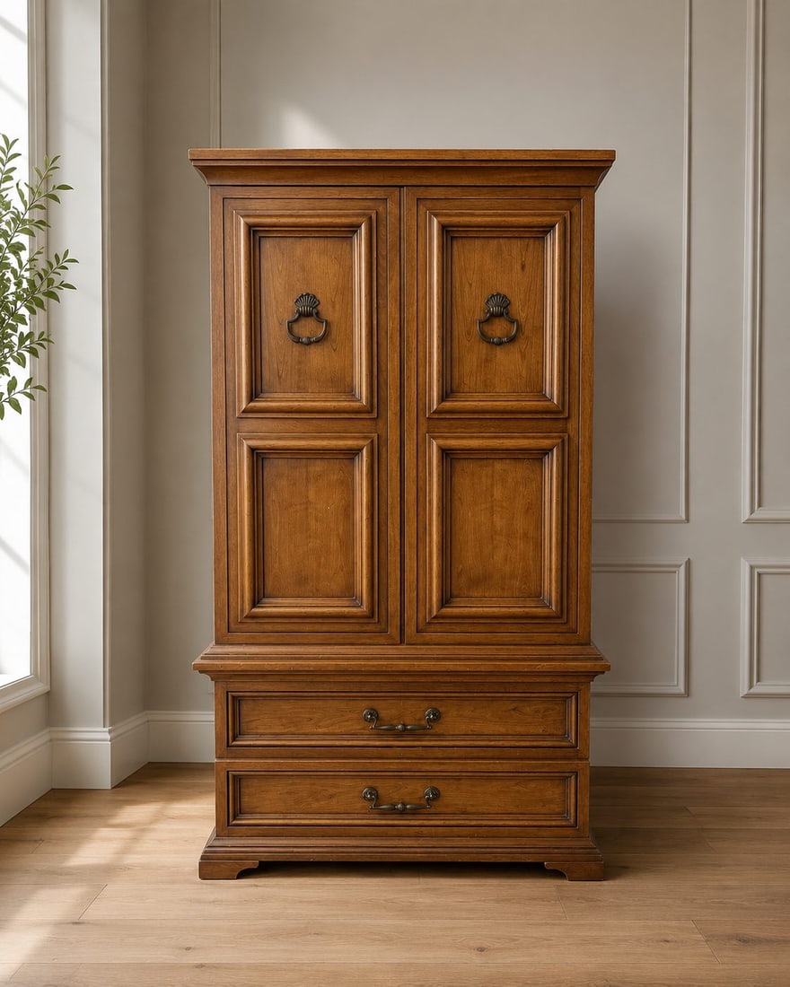 Century Furniture Georgian Style Walnut Armoire / Wardrobe: A Georgian style armoire or wardrobe by Century Furniture. Constructed from solid walnut with a warm finish, featuring carved panel doors with ornate brass ring pulls and two lower drawers with bail h