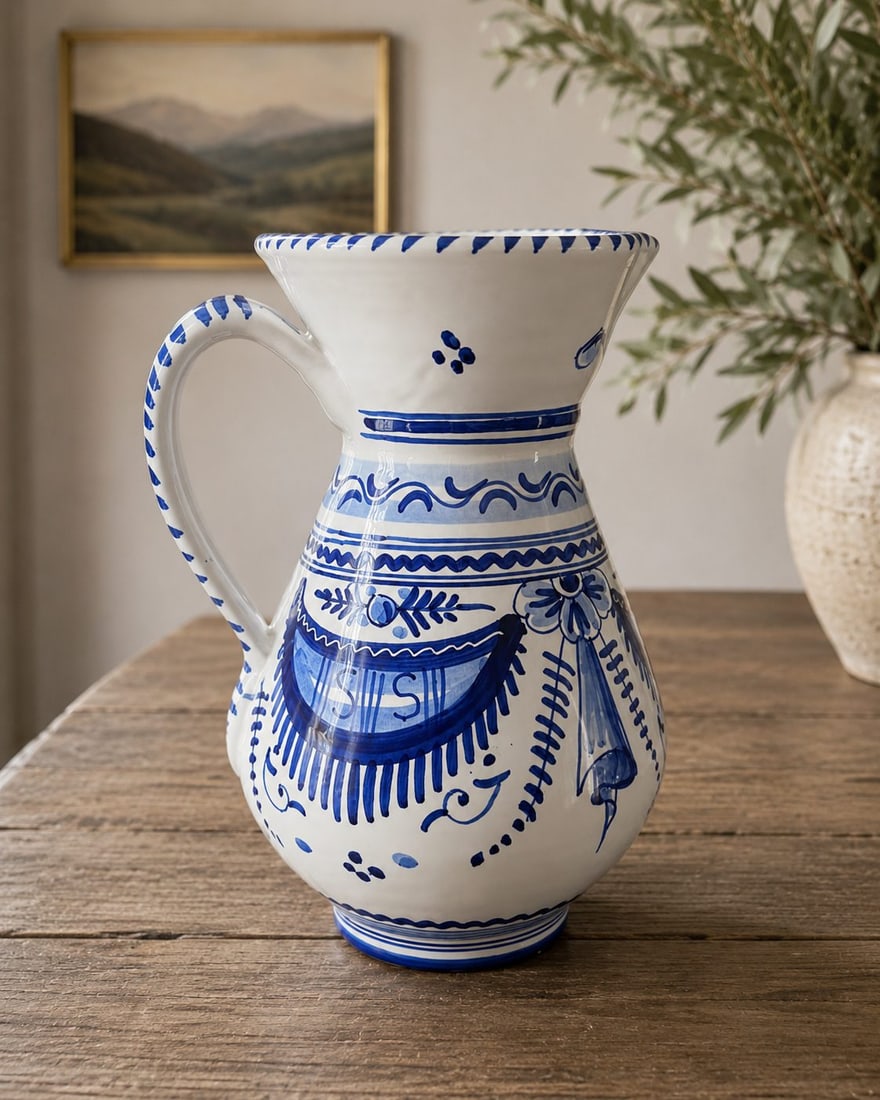 Ceramica de la Cal Hand-Painted Ceramic Pitcher, Puente del Arzobispo, Toledo, Spain: A charming hand-painted ceramic pitcher from Ceramica de la Cal, Puente del Arzobispo, Toledo, Spain. The pitcher features a white glazed body adorned with intricate blue floral and geometric motifs. 