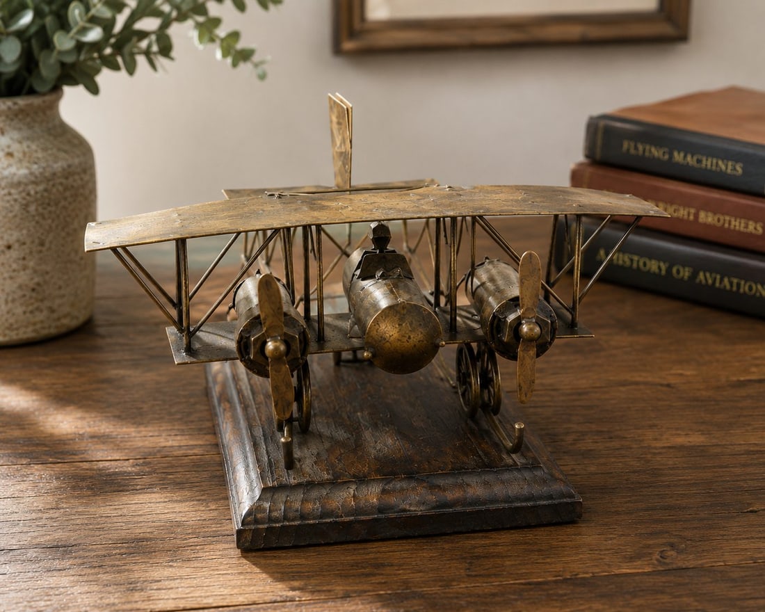 Vintage Biplane Model on Wooden Base, Made in Spain (1 of 4)