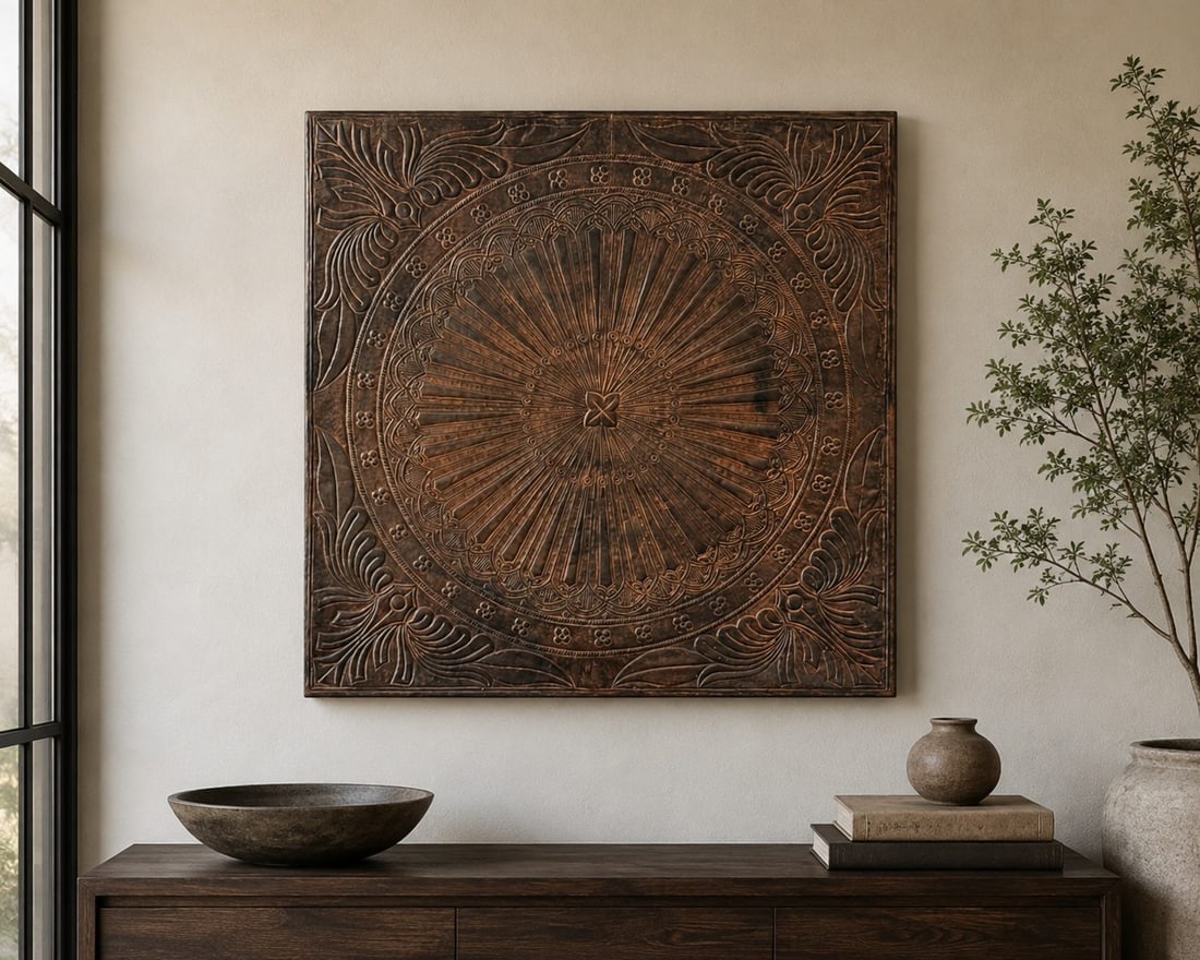 Large Square Embossed Metal Wall Art Panel: This large square wall art panel features an embossed design with a central radiating sunburst motif surrounded by a border of floral and geometric patterns. The dark bronze-tone finish gives it an an