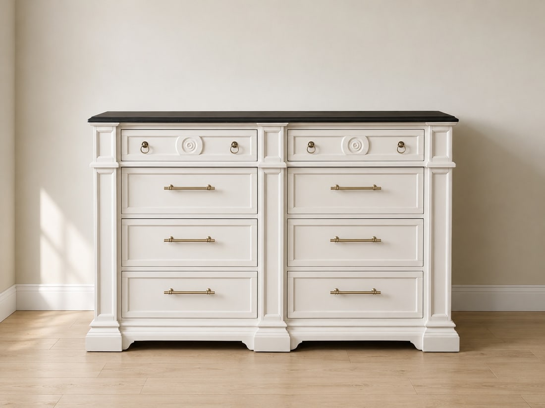 Biltmore Estate for Your Home by Magnussen Two-Tone Dresser: A stately dresser from the "Biltmore Estate for Your Home" collection by Magnussen Home. This piece features a contrasting dark wood top and a distressed off-white painted body. It has eight drawers, 