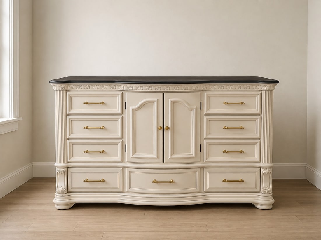 Wynnwood Traditional Cream and Black Bombe Commode / Dresser: A traditional style commode or dresser by Wynnwood, featuring a bombe-shaped body, cream-colored finish, and a contrasting black top. It has ornate carved details, reeded columns on the sides, and ele