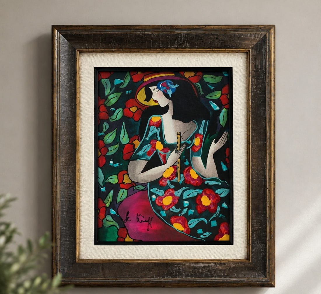 Linda Le Kinff Embellished Serigraph on Canvas, Framed: An embellished serigraph on canvas by Linda Le Kinff, depicting a woman in a floral dress and hat against a floral background. The work is signed "Le Kinff" in the lower left. The piece is presented i