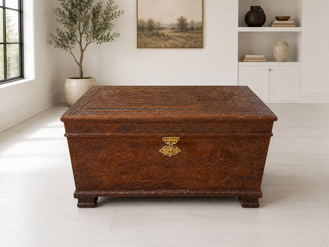 Heavily Carved Anglo-Indian Teak Coffer / Trunk: A heavily carved Anglo-Indian teak coffer or trunk, likely from the late 19th or early 20th century. The entire exterior is intricately carved with scenes of figures, animals, and foliage, characteris