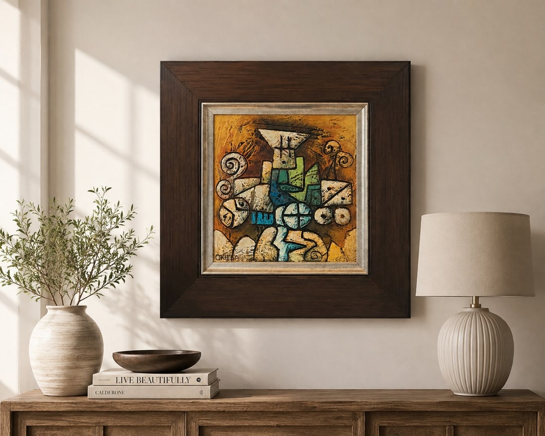 Ortega Mid-Century Modern Abstract Oil Painting: A mid-century modern abstract oil painting signed "Ortega" in the lower left corner. The piece features a vibrant composition of geometric and organic shapes in earthy tones with accents of blue and g