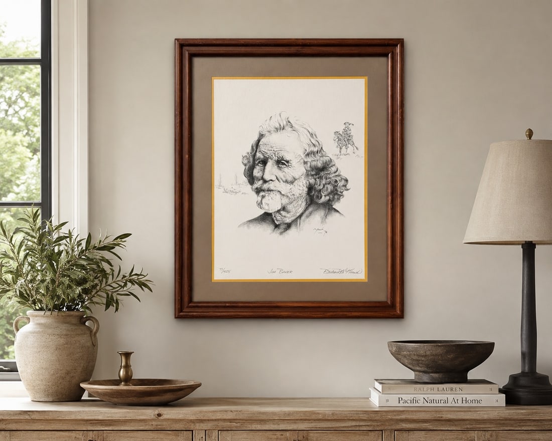 Richard H. Flood, "Jim Baker" Limited Edition Print: A limited edition print titled "Jim Baker" by Richard H. Flood, depicting a portrait of an elderly man with a beard, accompanied by a small illustration of a figure on horseback in the background. The