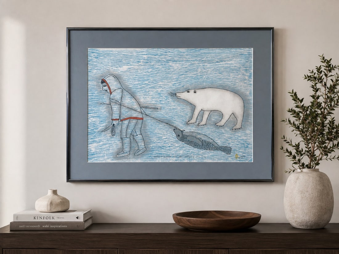 J. Kigusiuq & H. Aminahoe, "Life in a Storm": An Inuit lithograph titled "Life in a Storm" by artists J. Kigusiuq and H. Aminahoe, dated 1983. The print depicts an Inuit hunter, a polar bear, and a narwhal in a stormy, icy landscape. The colors a