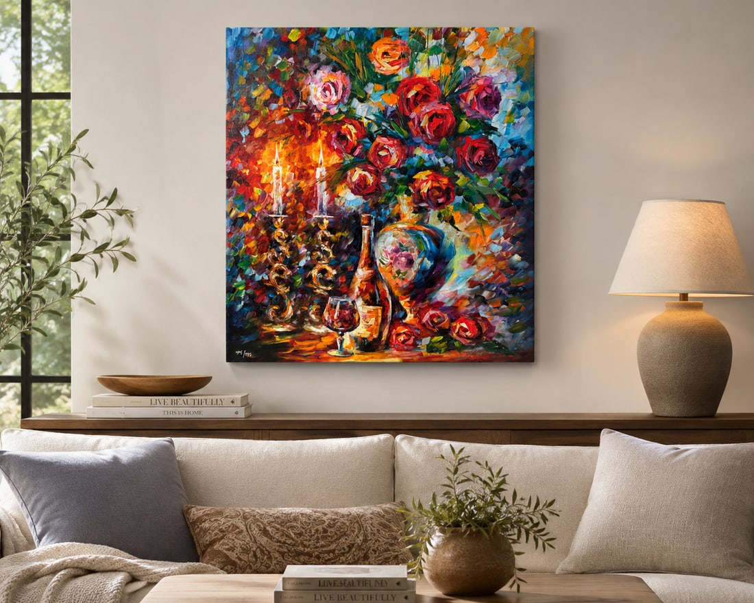 Leonid Afremov "Shabbat" Limited Edition Giclee on Canvas: A limited edition giclee on canvas by Leonid Afremov titled "Shabbat," depicting a still life with a vibrant bouquet of roses, lit candles in a candelabra, a bottle of wine, and a glass. The artwork i