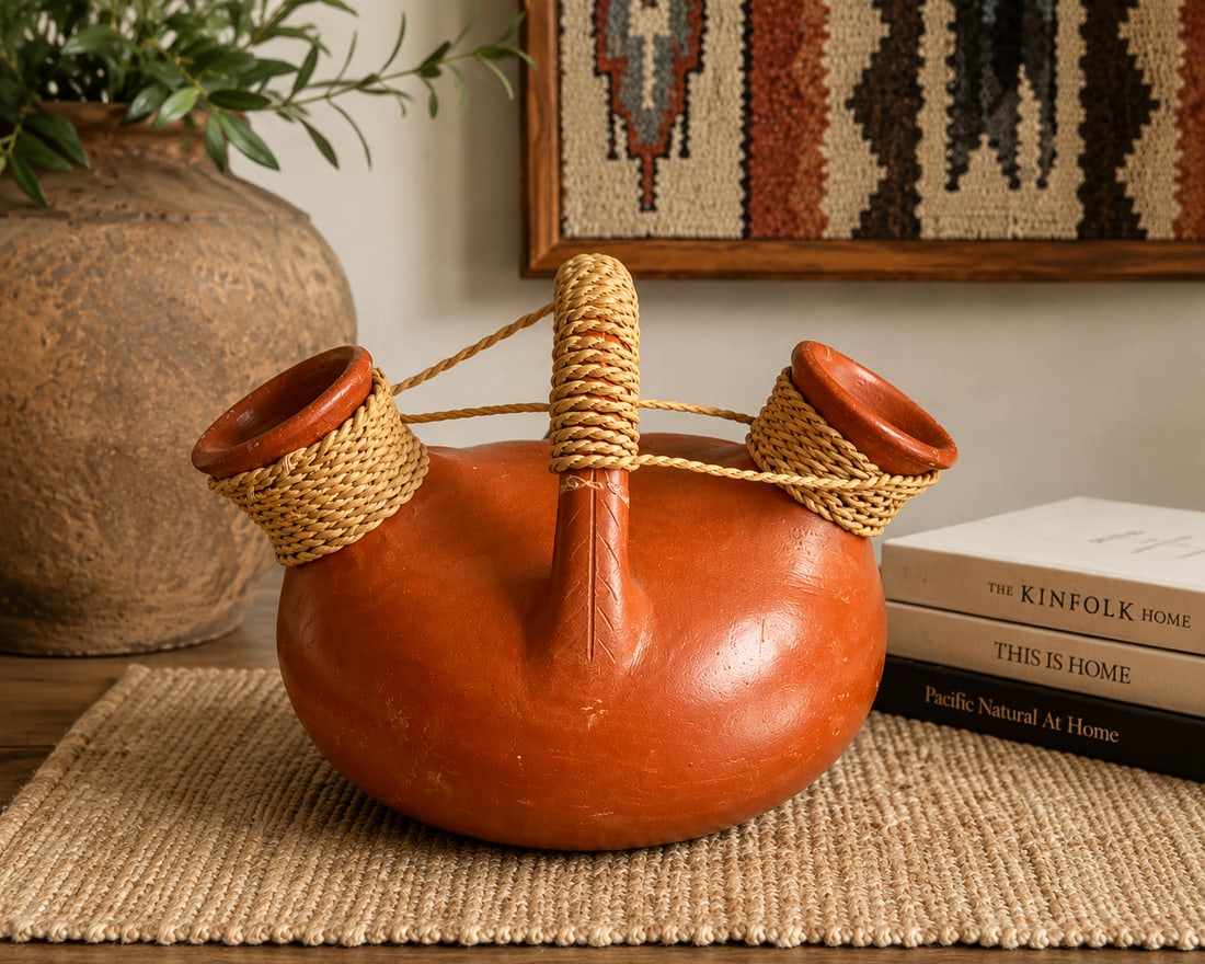 Mexican Terracotta and Woven Fiber Handled Vessel