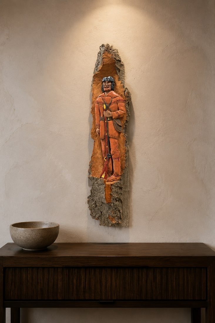 Folk Art Carved Wood Frontiersman Figure on Bark Panel, 1976 (1 of 4)