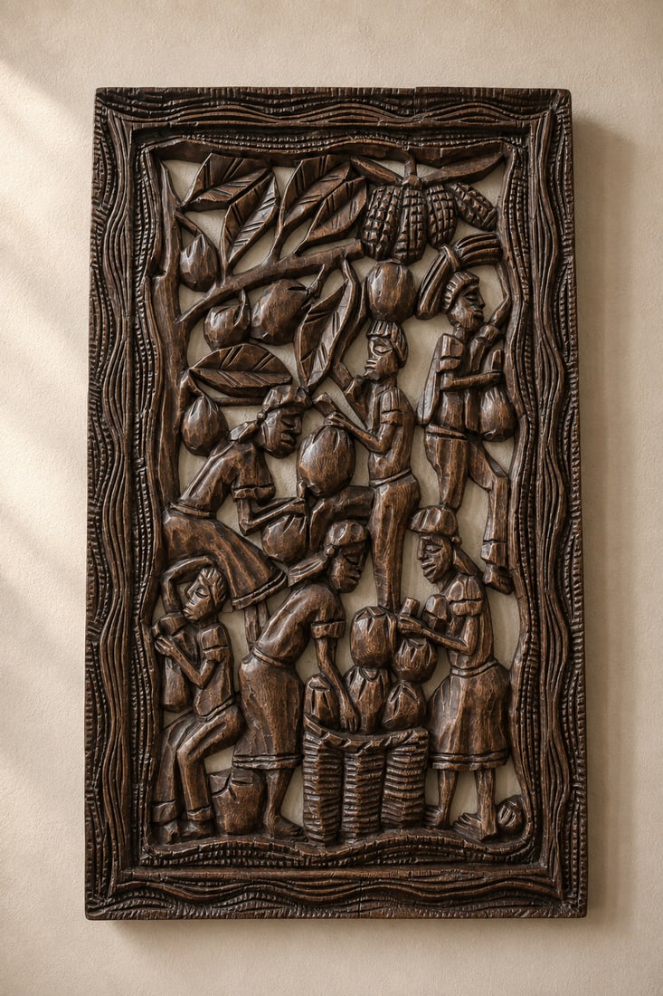 Hand-Carved Wooden Wall Panel Depicting a Village Harvest Scene: An intricately hand-carved wooden wall panel featuring a detailed harvest scene with multiple figures engaged in gathering fruits and crops. The carving displays a deep relief technique, showcasing hu