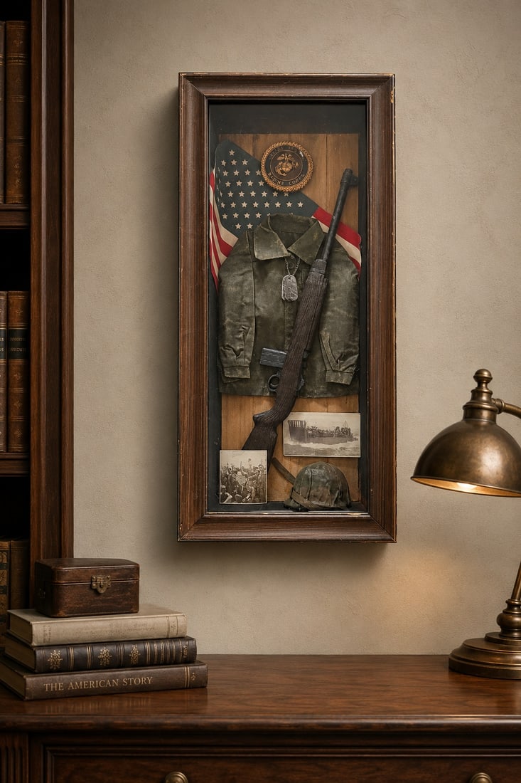 Framed Marine Corps WWII Memorabilia Shadow Box Display: A large framed shadow box display featuring a collection of United States Marine Corps World War II era memorabilia. The display includes a partial American flag, a fatigue jacket, replica dog tags, a