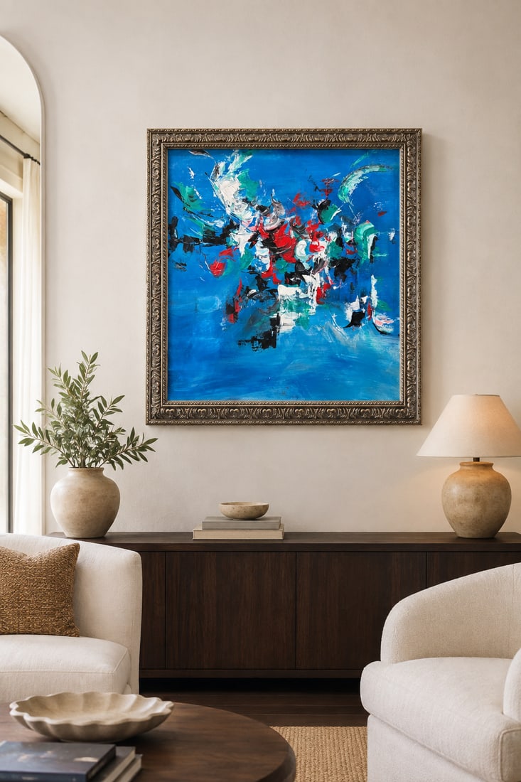Mid-Century Style Abstract Painting in Ornate Gilt Frame: This vibrant abstract painting features bold, expressive brushstrokes in shades of blue, white, black, red, and hints of green, creating a dynamic visual composition. The impasto technique adds signif