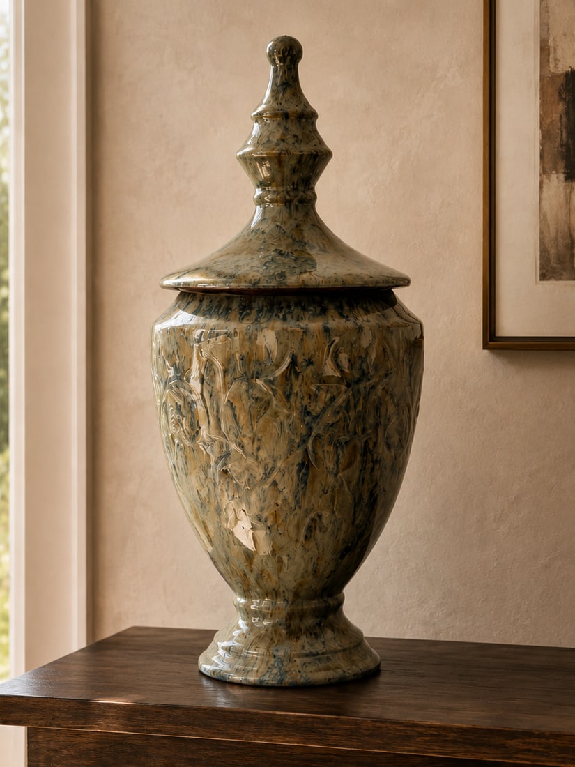 Decorative Ceramic Lidded Urn in Blue and Beige Glaze: A stately ceramic lidded urn, featuring an intricate, marbled glaze in shades of blue, cream, and beige. The body of the urn is adorned with raised, scrolling foliate designs, adding texture and class