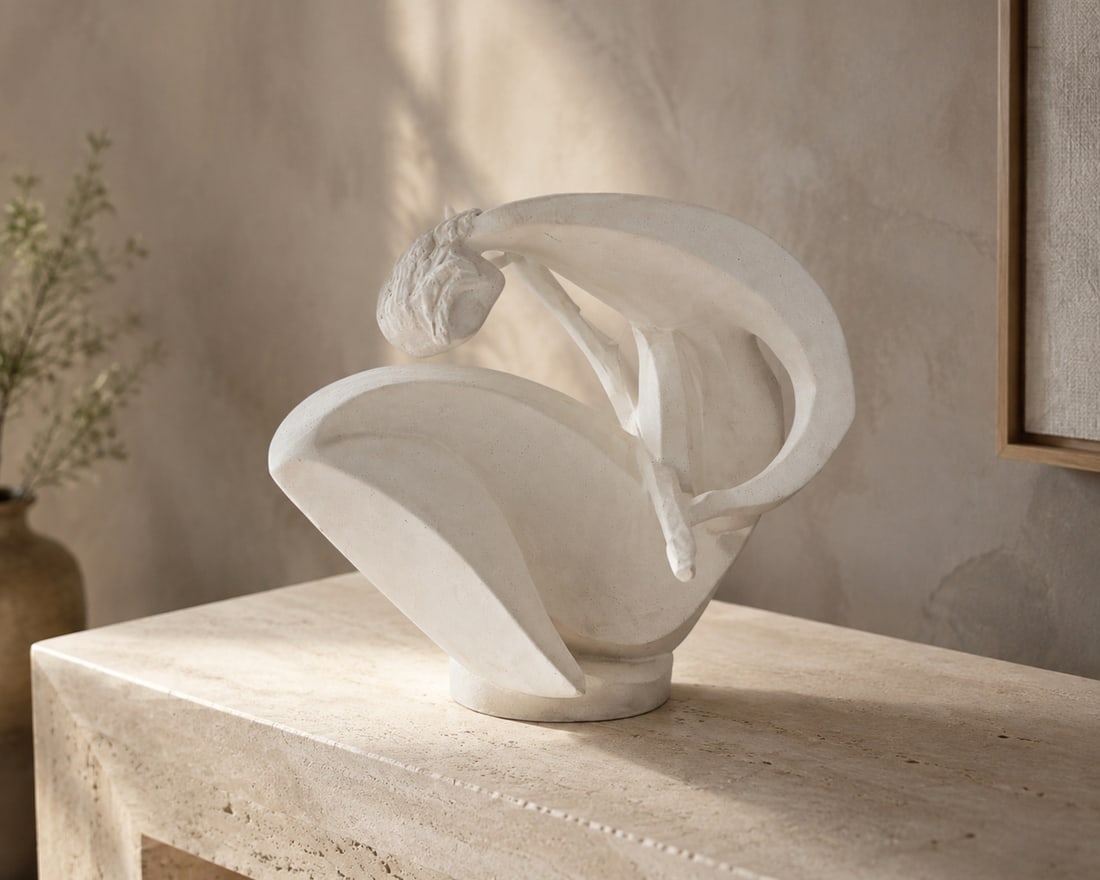 D. Fisher for Austin Productions "Reclining Nude" Sculpture, 1980: A minimalist and elegant chalkware sculpture depicting a reclining nude figure, rendered in a stylized, abstract form. The piece is signed "D. FISHER" and marked "AUSTIN PRODUCTIONS 1980", showcasing 