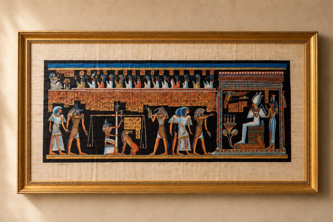 Vibrant Ancient Egyptian Papyrus Painting, Signed "Samal": A vividly colored papyrus painting depicting a scene reminiscent of ancient Egyptian funerary art, possibly from the Book of the Dead or a tomb painting. The artwork features multiple figures, includi